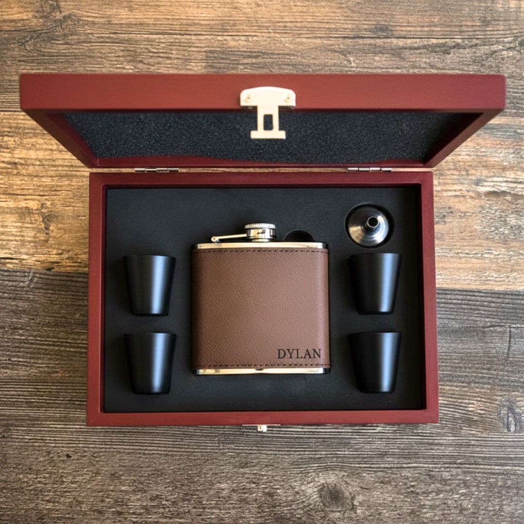 Leather Flask Gift Set