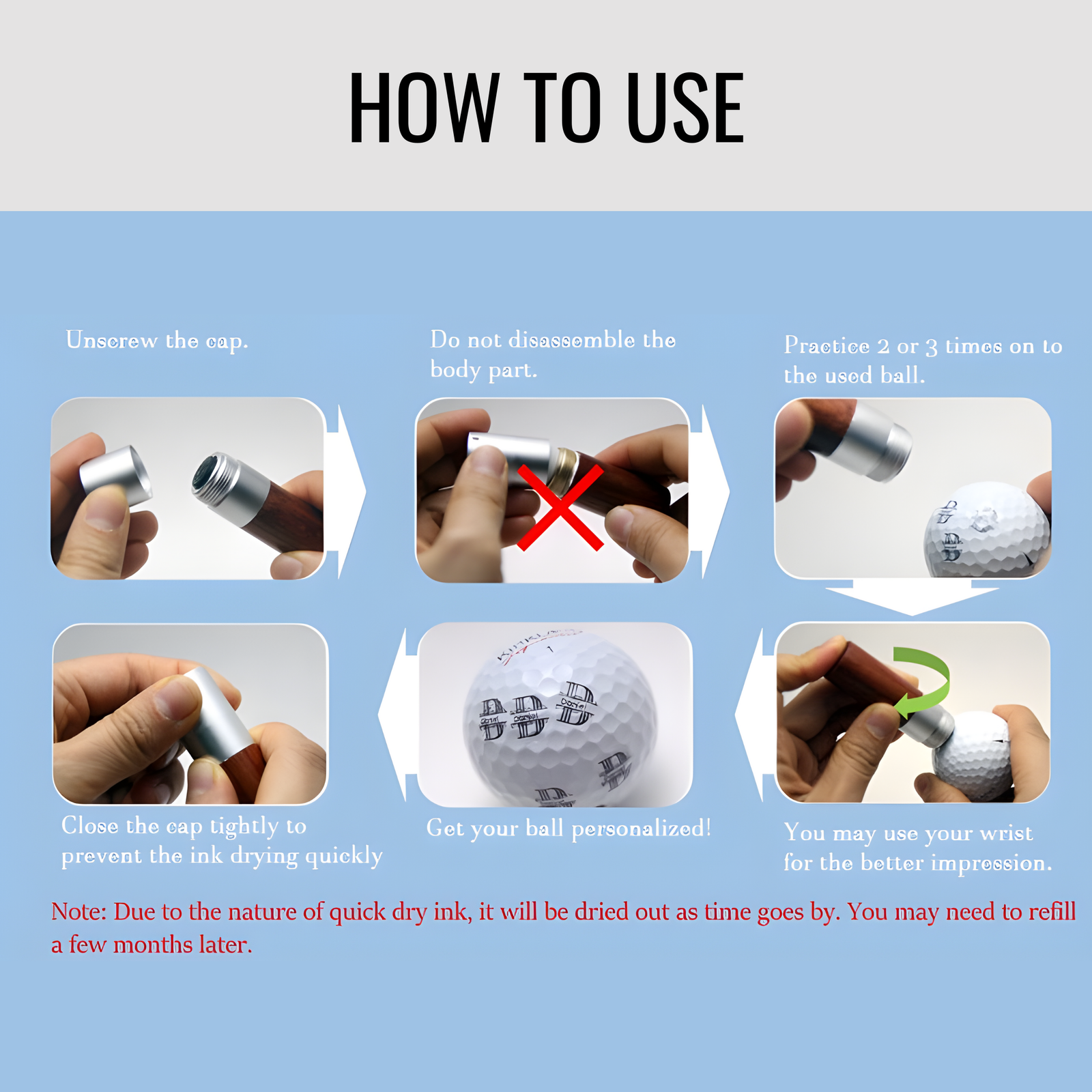 Instructional diagram showing six steps for using golf ball stamp, including unscrewing cap, avoiding disassembly, practicing on used ball, closing cap tightly, personalizing ball surface, and using wrist motion for impression.