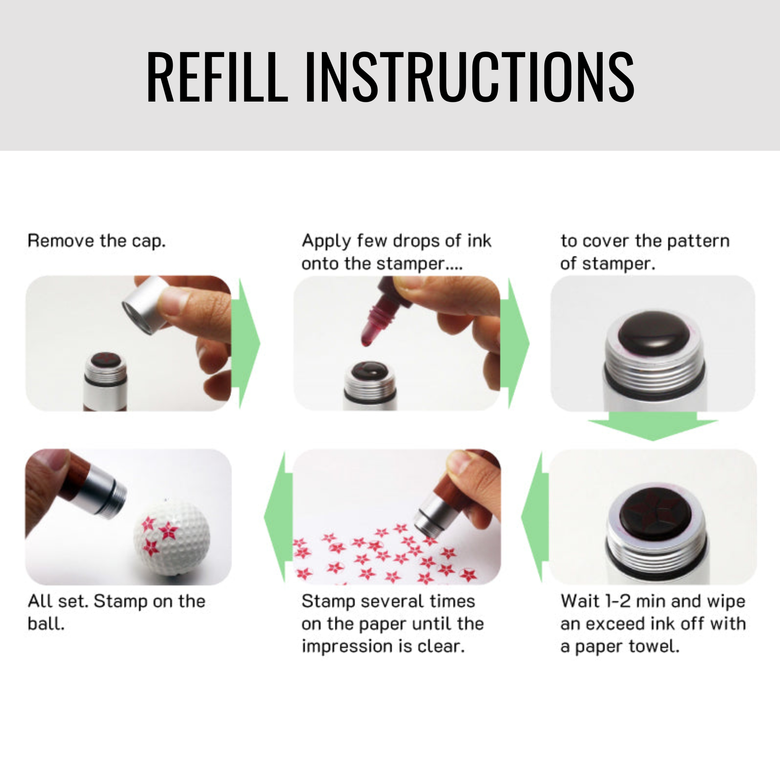 Step-by-step refill instructions for golf ball stamp showing cap removal, ink application, stamping technique, and cleaning process with green arrows indicating sequence.
