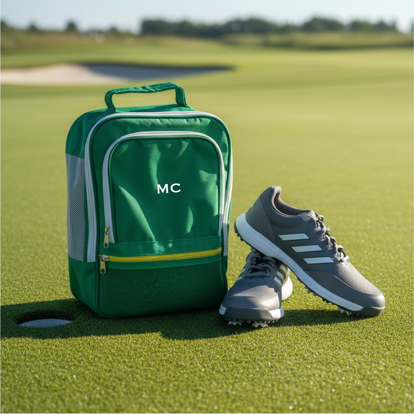 Green golf shoe bag with sample monogram "MC" positioned on golf course with black and white sneaker beside it