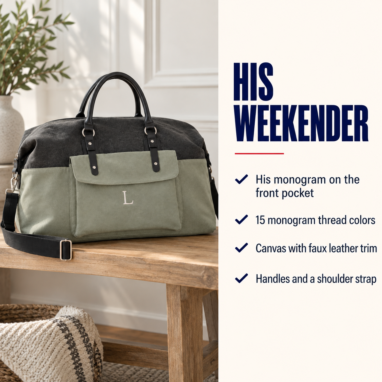 A color-blocked duffel bag with a dark gray top half and an olive green bottom half, styled on a wooden table next to a text panel describing its features.