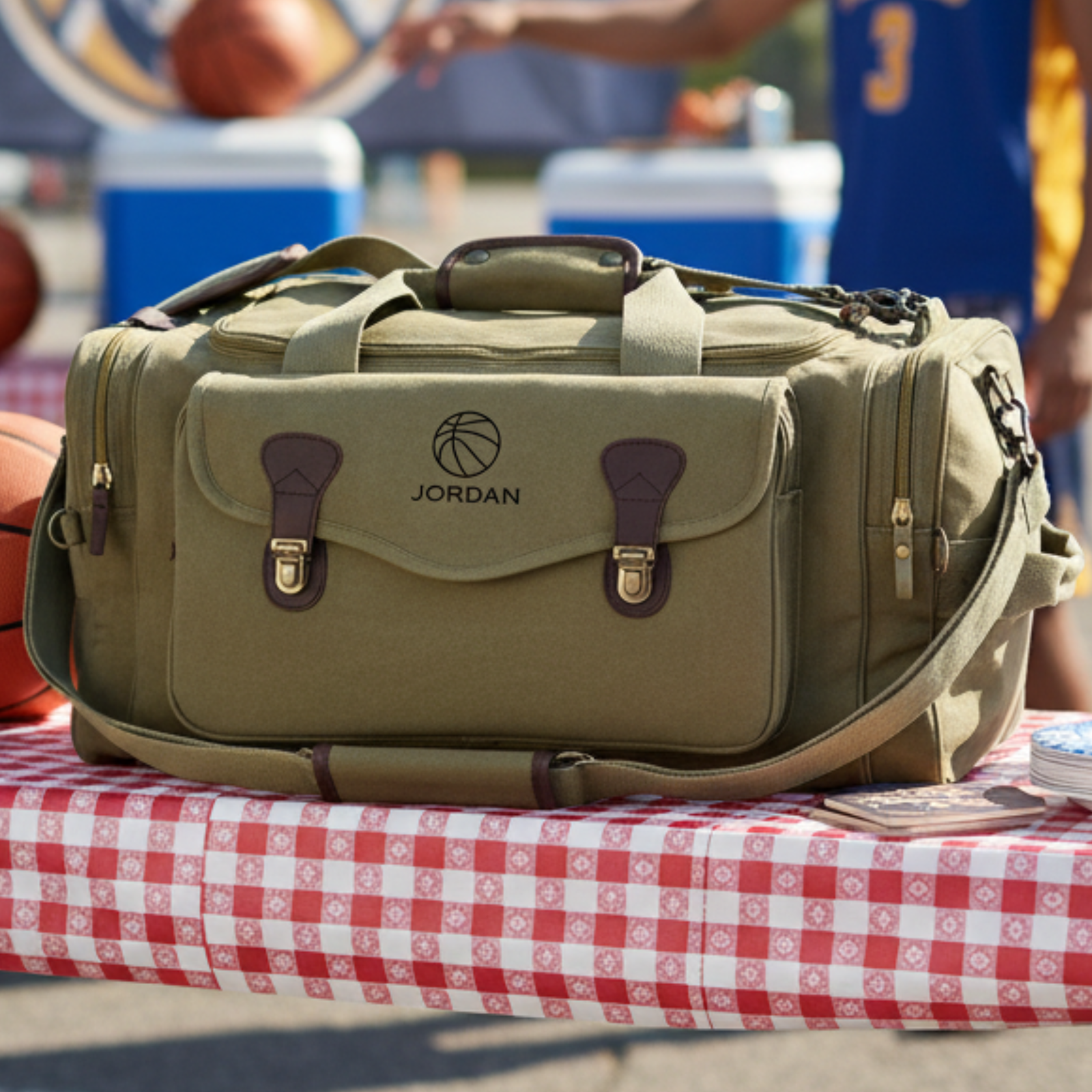 Olive green basketball duffle bag embroidered with a name at an outdoor tailgate, a personalized groomsman gift for game day.