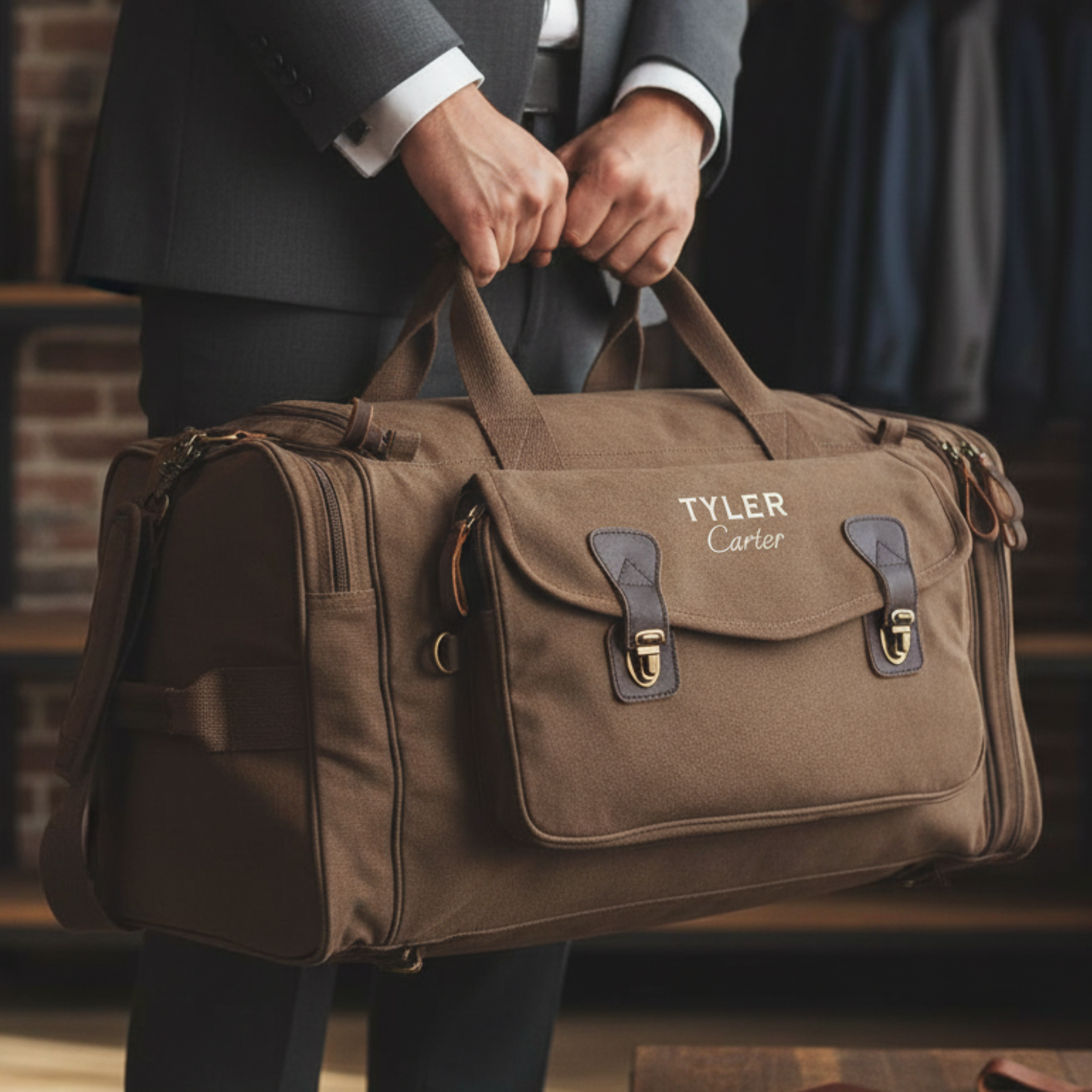 Man holding a brown duffel bag with 'Tyler Carter' branding in a room with a brick wall and clothing rack.