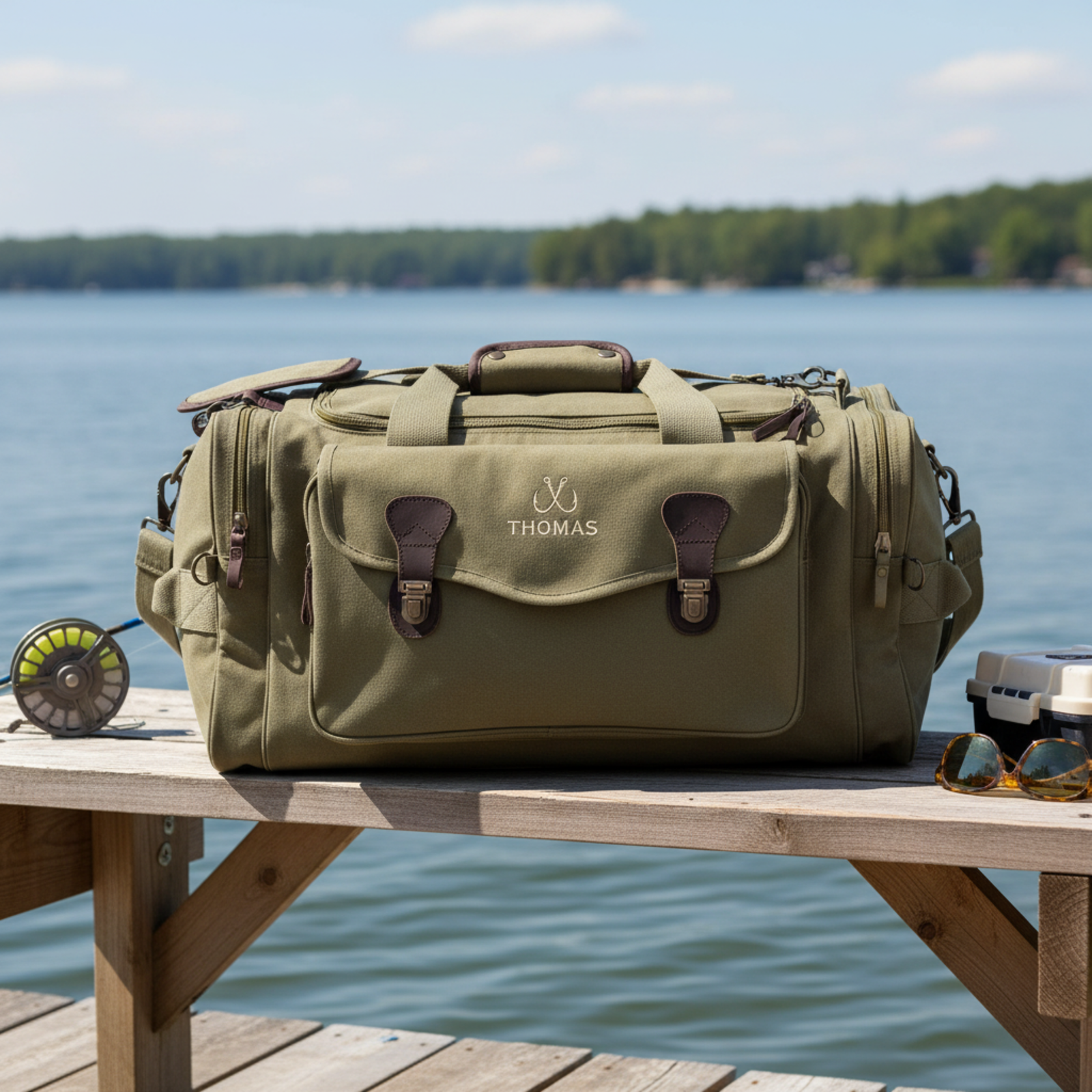 Tan canvas duffle bag with brown leather straps and brass hardware, personalized with sample name "THOMAS" engraved on front, displayed on wooden dock overlooking water with fishing gear nearby.