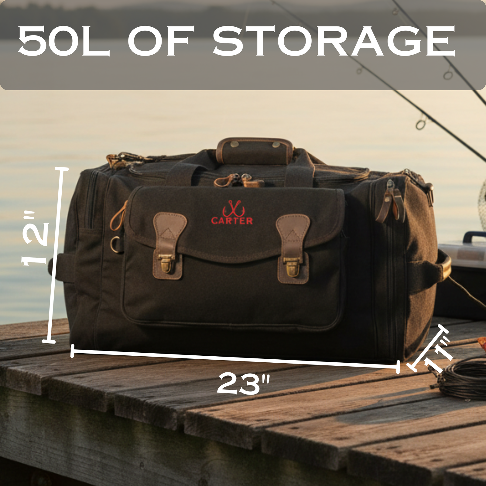 Black canvas duffle bag with tan leather accents and brass hardware displayed on weathered dock, showing 50L storage capacity dimensions of 23 inches wide by 12 inches tall