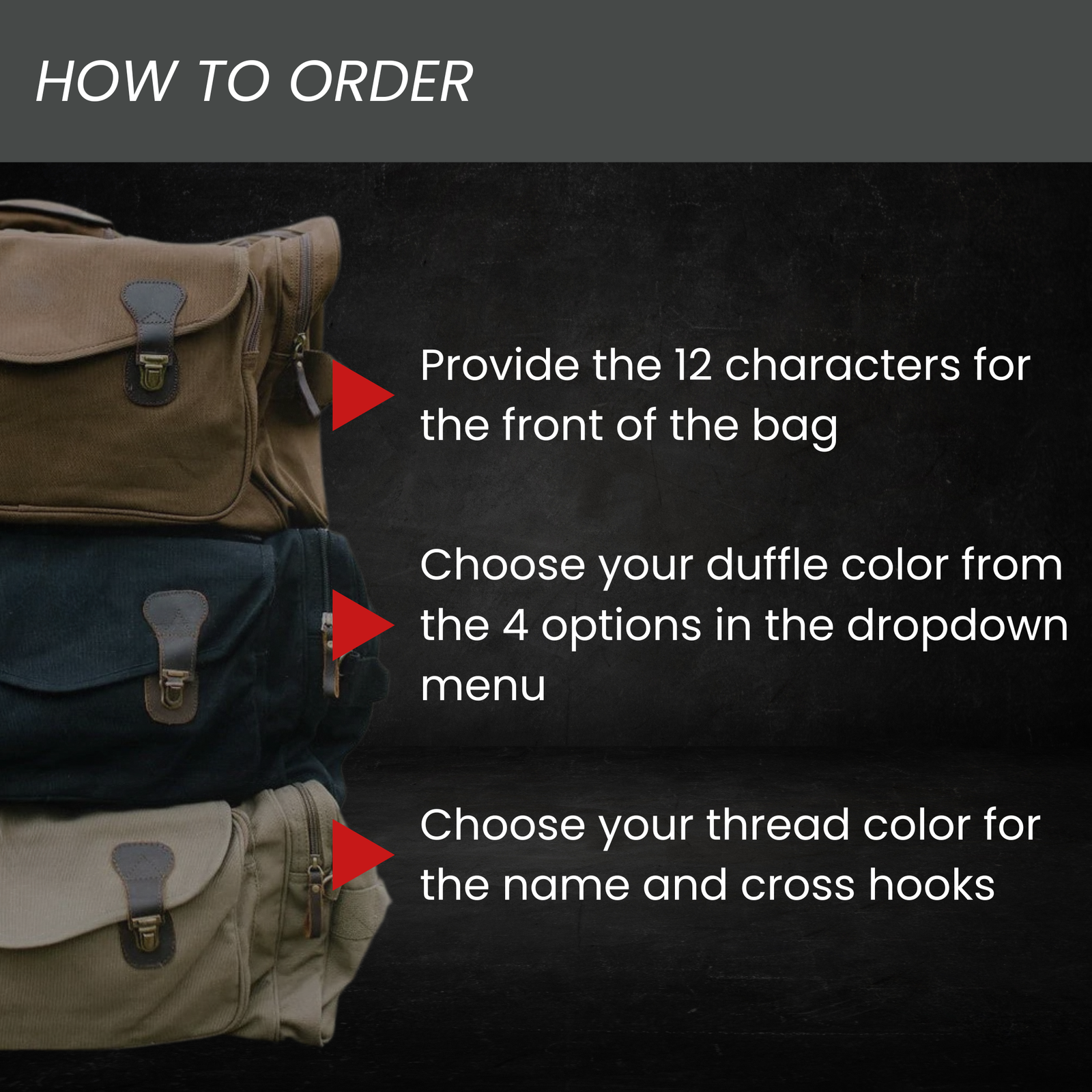 Three canvas duffel bags in tan and navy displayed with ordering instructions for customization options including front text, color selection, and thread color choices