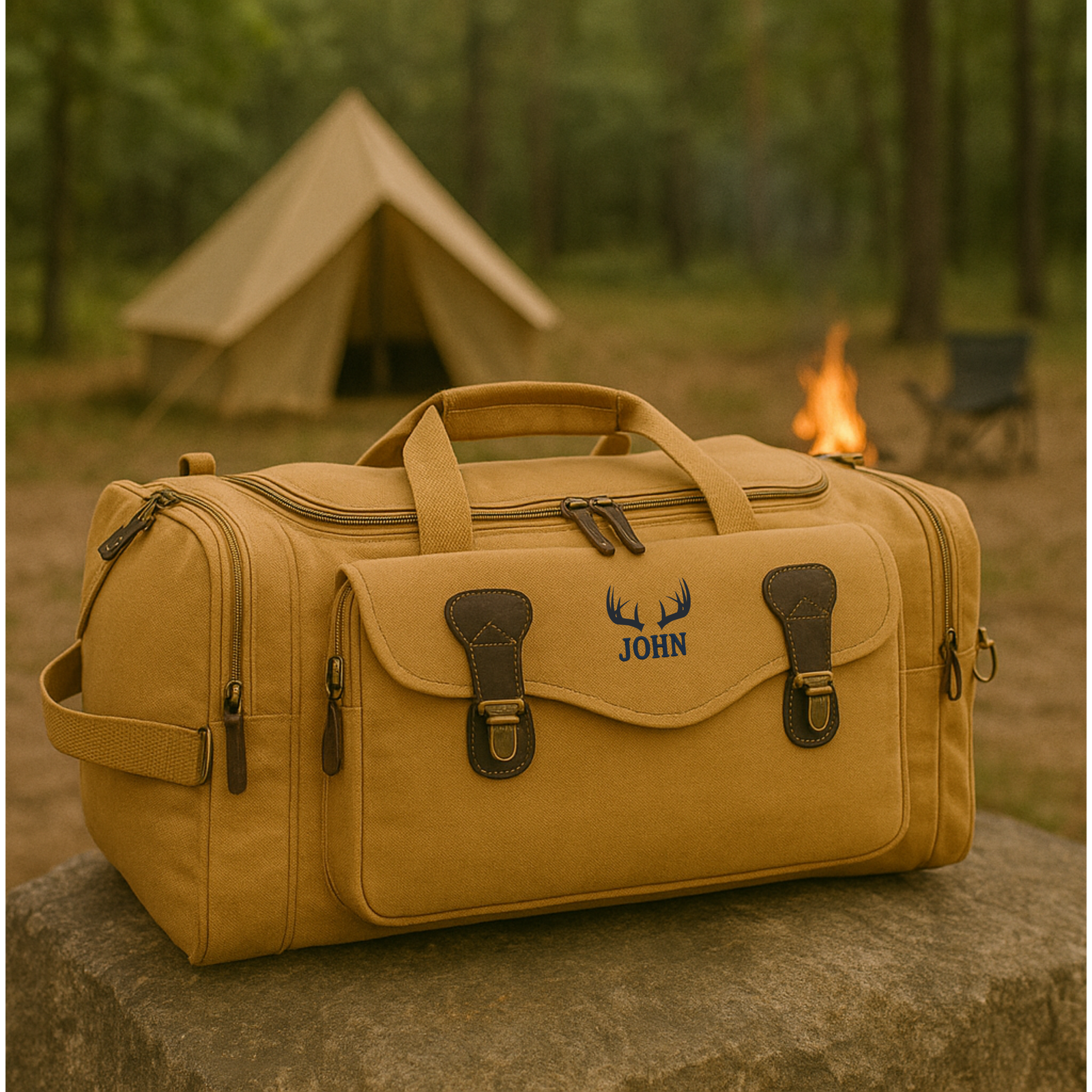 Khaki canvas duffle bag with personalized embroidered antler motif and sample name "JOHN" displayed in outdoor camping setting with tent and campfire.