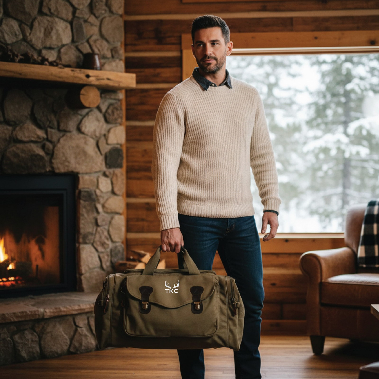 Man holding olive drab canvas duffle bag with embroidered antler and monogram design in rustic cabin setting with fireplace