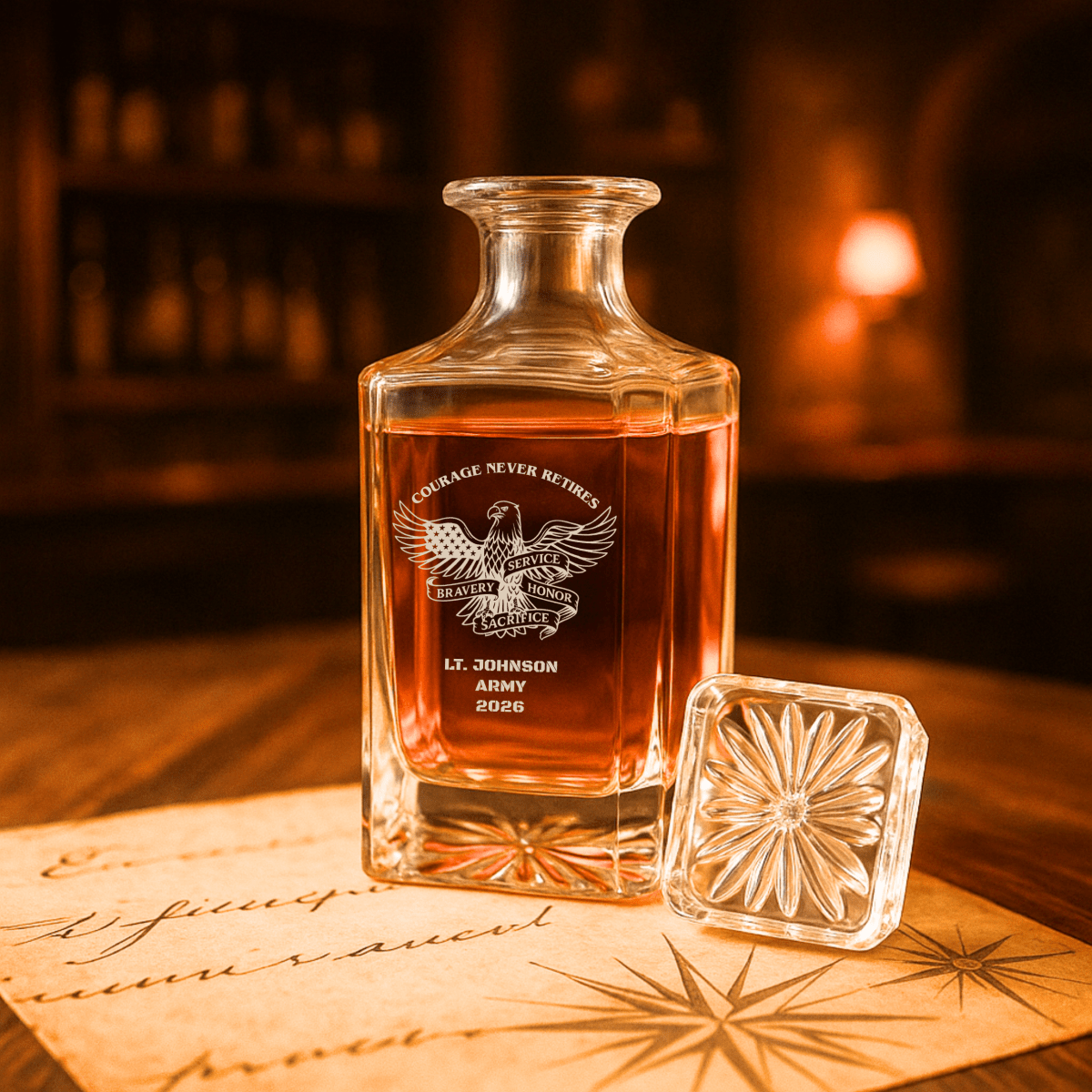 Engraved whiskey decanter with “Courage Never Retires” design and custom military details