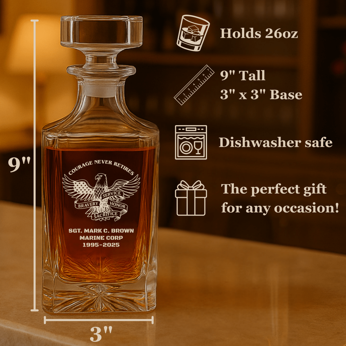 Engraved whiskey decanter with “Courage Never Retires” design and custom military details