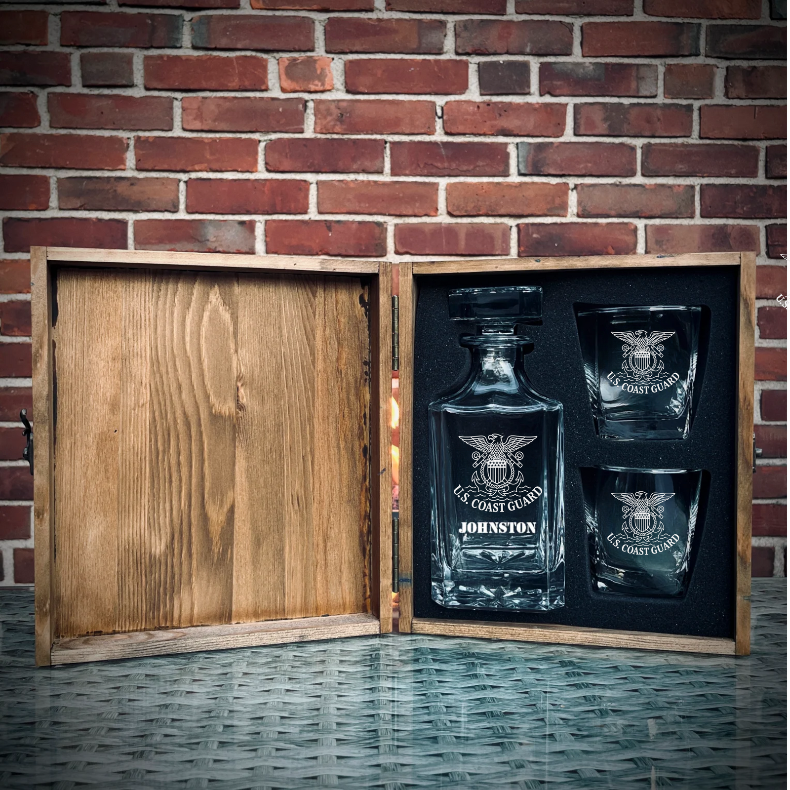 Custom engraved military whiskey decanter set with glasses and pine wood gift box