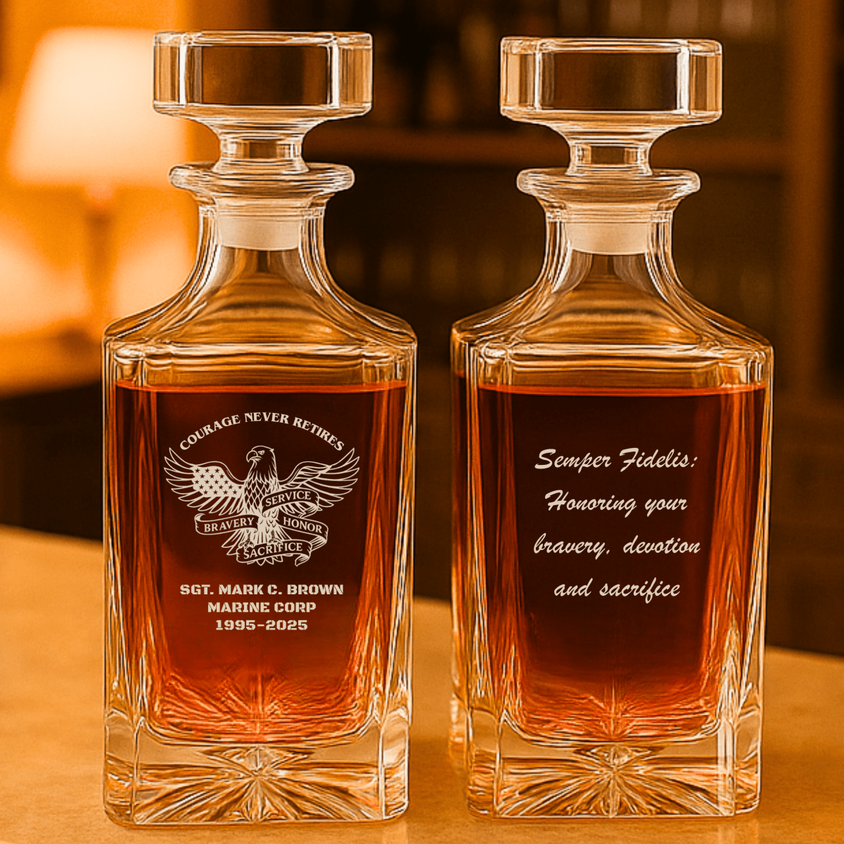Engraved whiskey decanter with “Courage Never Retires” design and custom military details