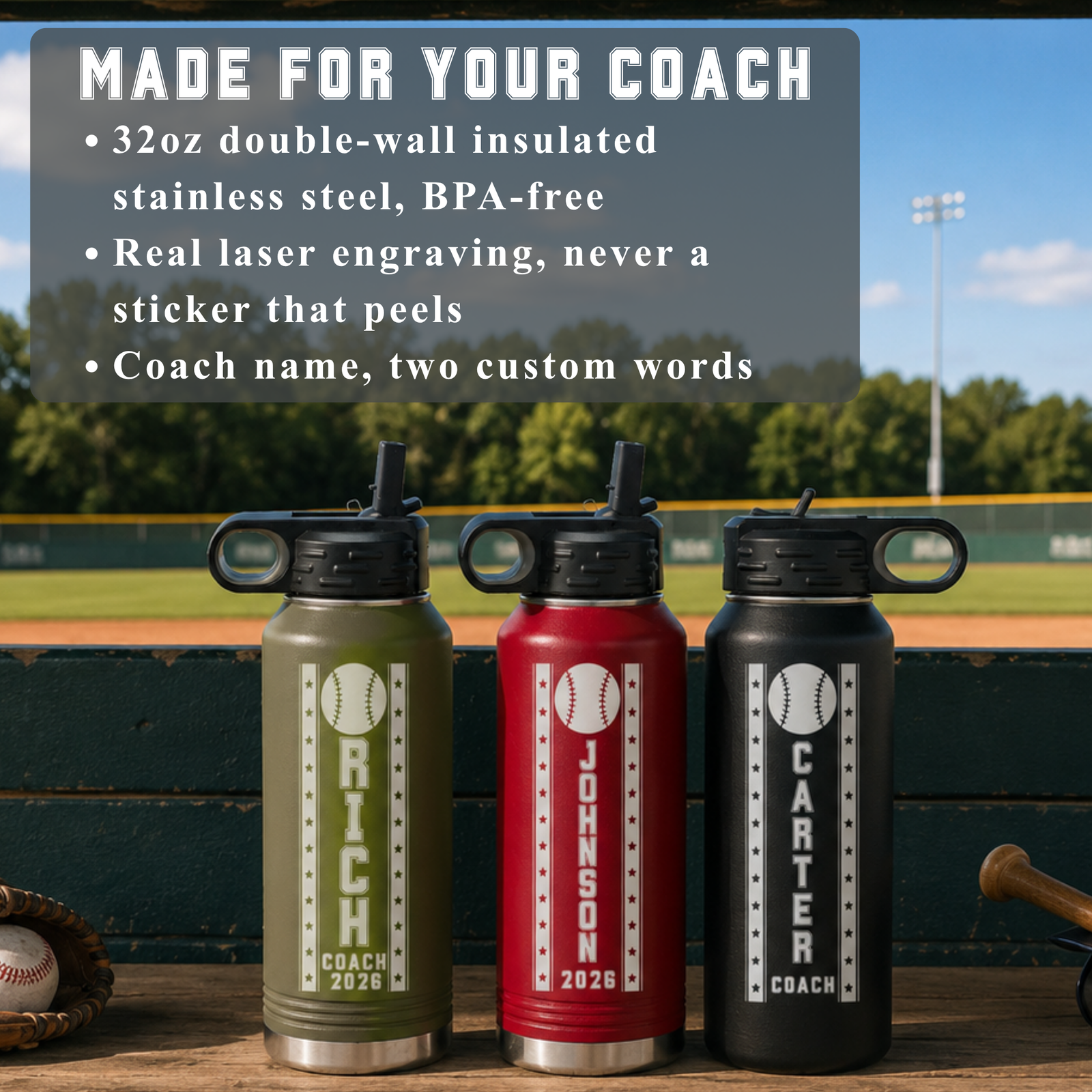 Personalized baseball groomsman water bottle engraved with the groomsman's name, a baseball groomsmen gift