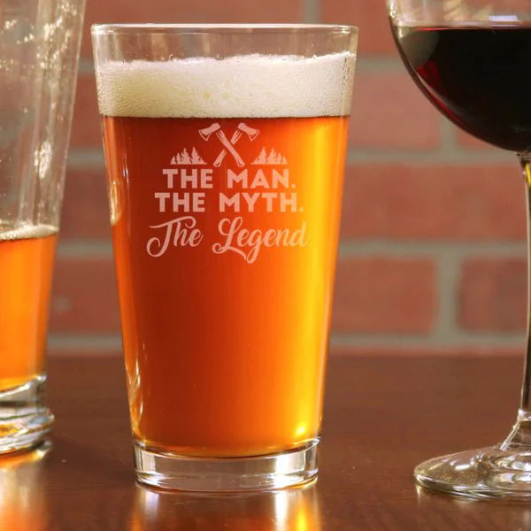 Unique Personalized The Man, Myth, Legend 16 oz Pint Beer Glass - Design: THEMAN Customized Drinking Glass Gifts for Men by Groovy Guy