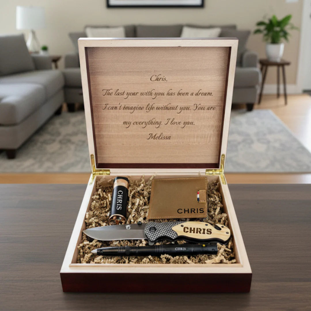 Personalized gift set with knife, pen, and lighter in a wooden box with engraved message.