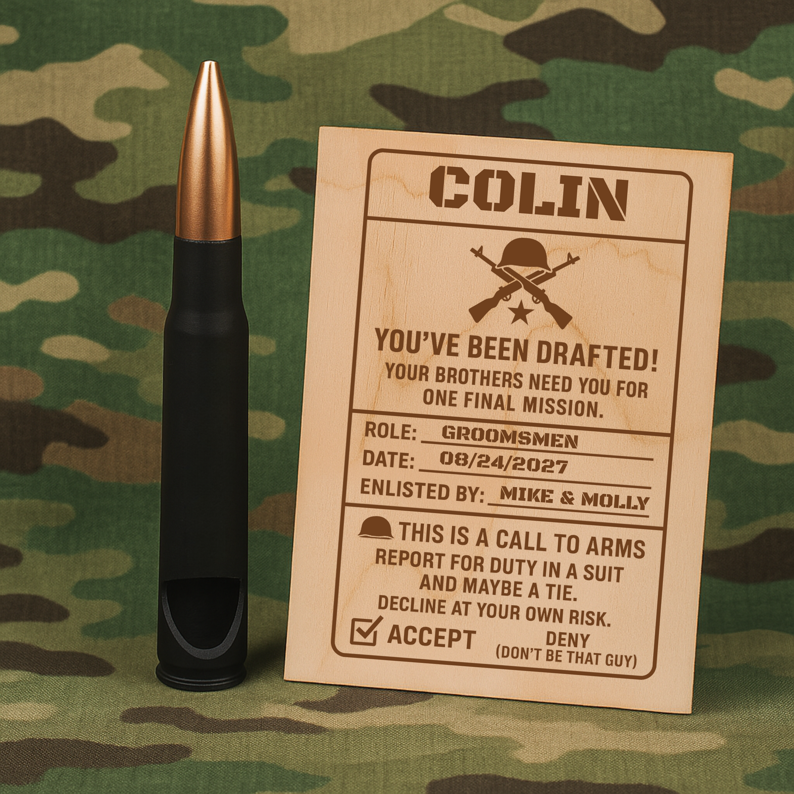 Personalized groomsmen draft proposal card with bullet bottle opener on camo fabric