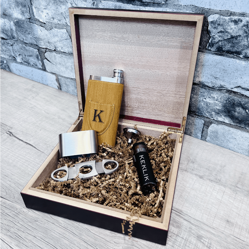Personalized cigar gift set with travel case, flask, lighter, and cutter
