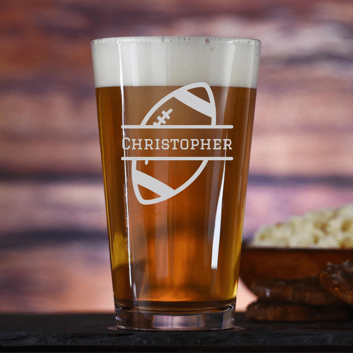 Unique Personalized Gridiron Glory Pint Glass Customized Beer Glasses Gifts for Men by Groovy Guy