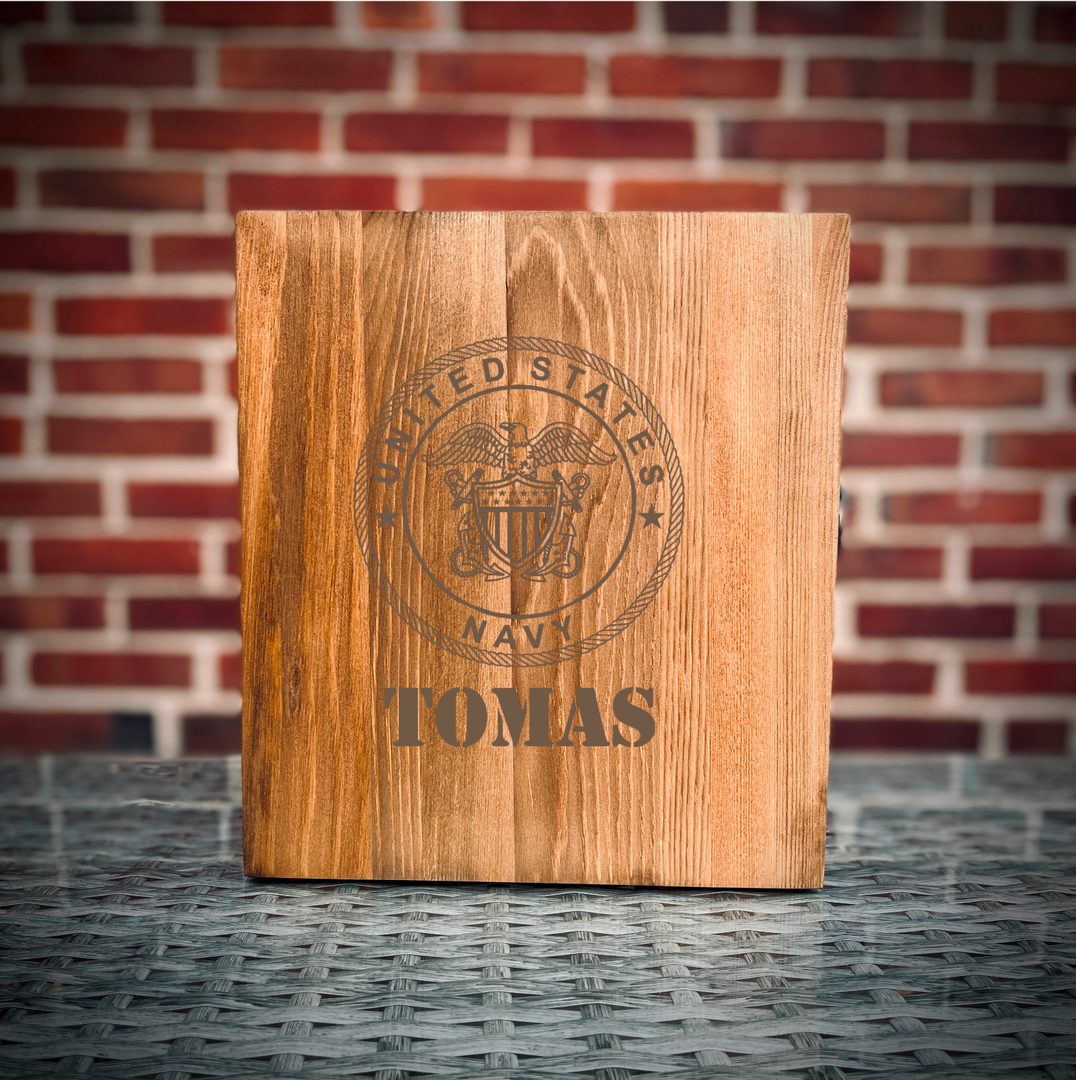 Custom engraved military whiskey decanter set with glasses and pine wood gift box