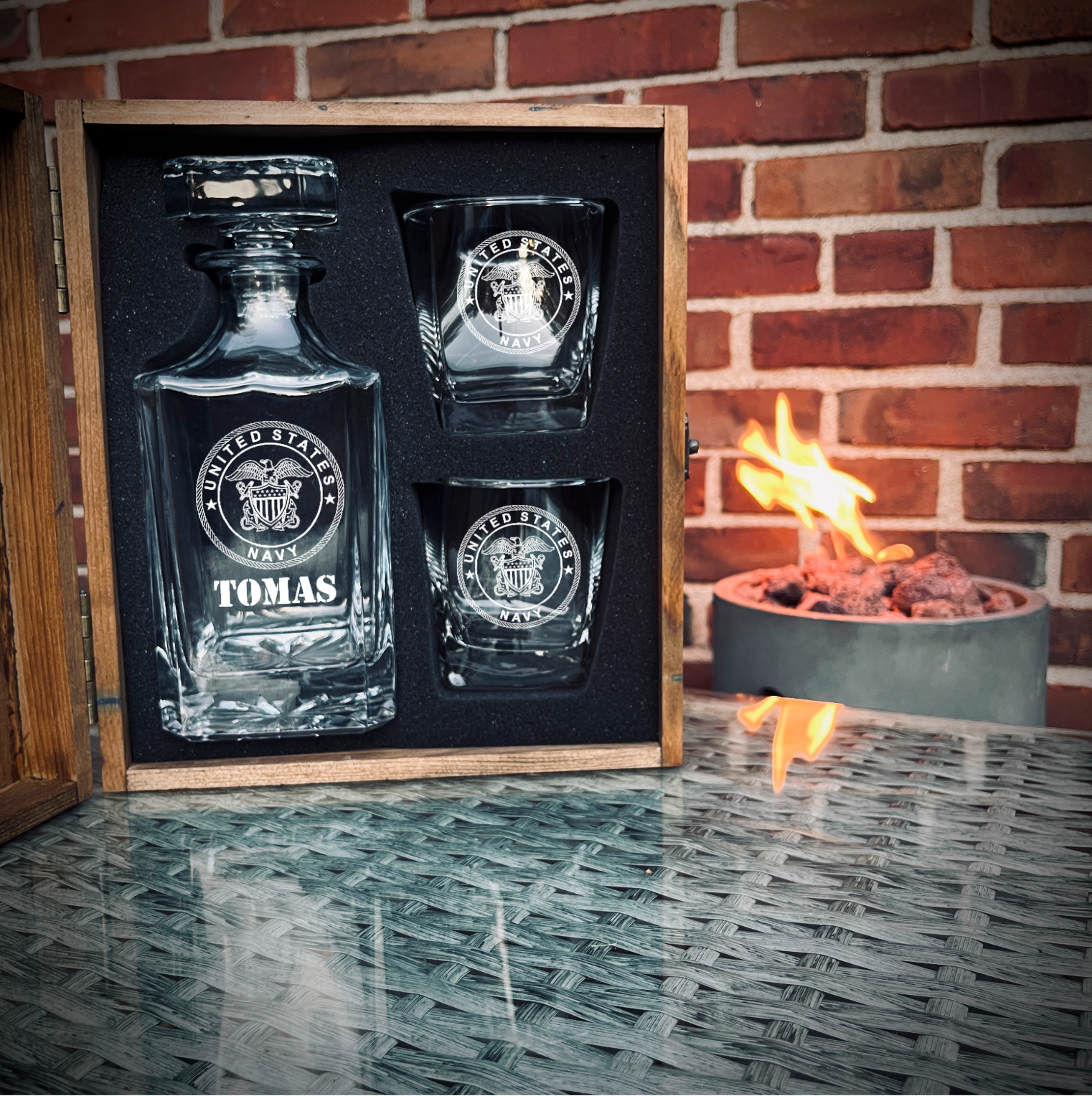 Custom engraved military whiskey decanter set with glasses and pine wood gift box