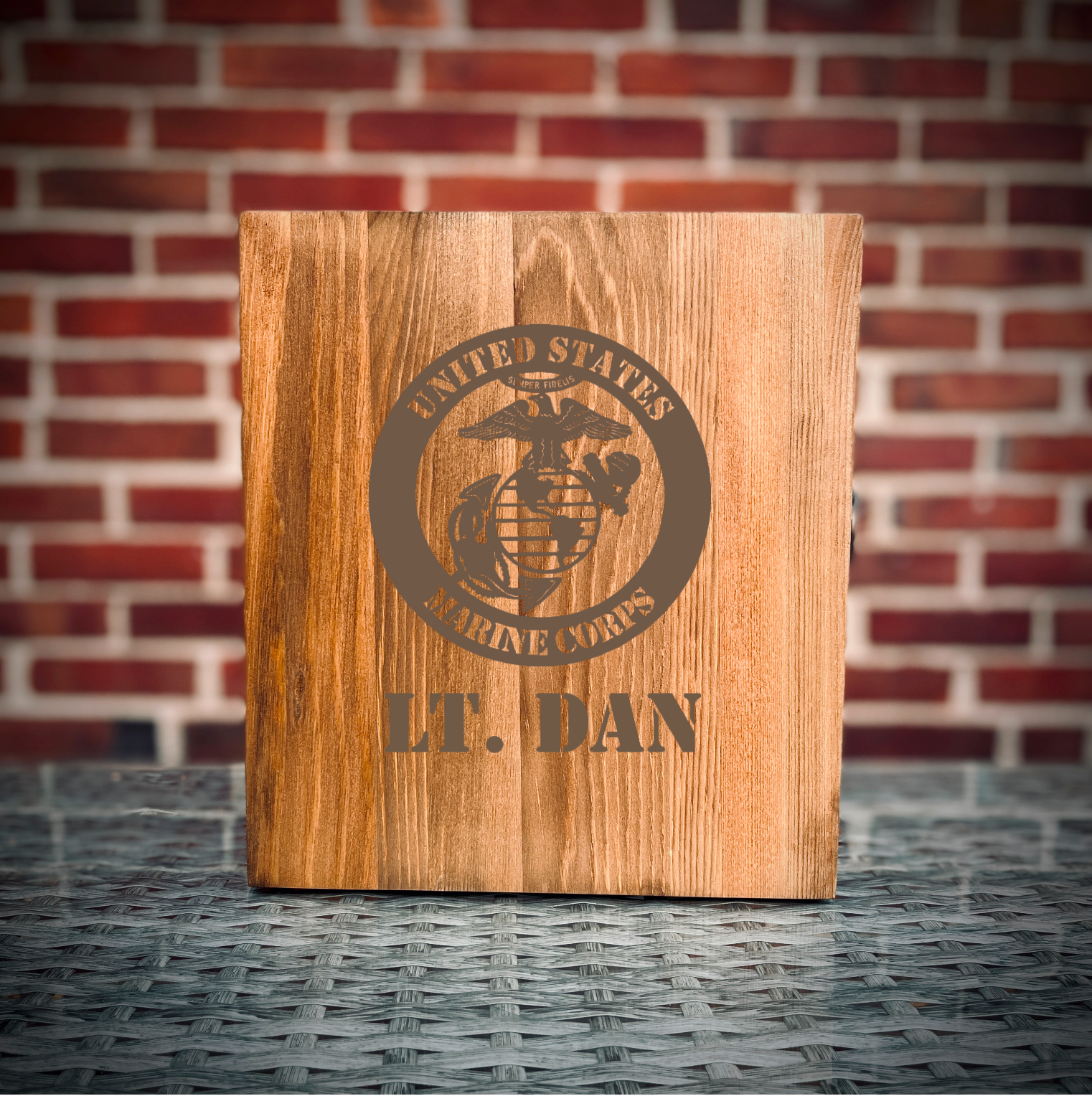 Custom engraved military whiskey decanter set with glasses and pine wood gift box