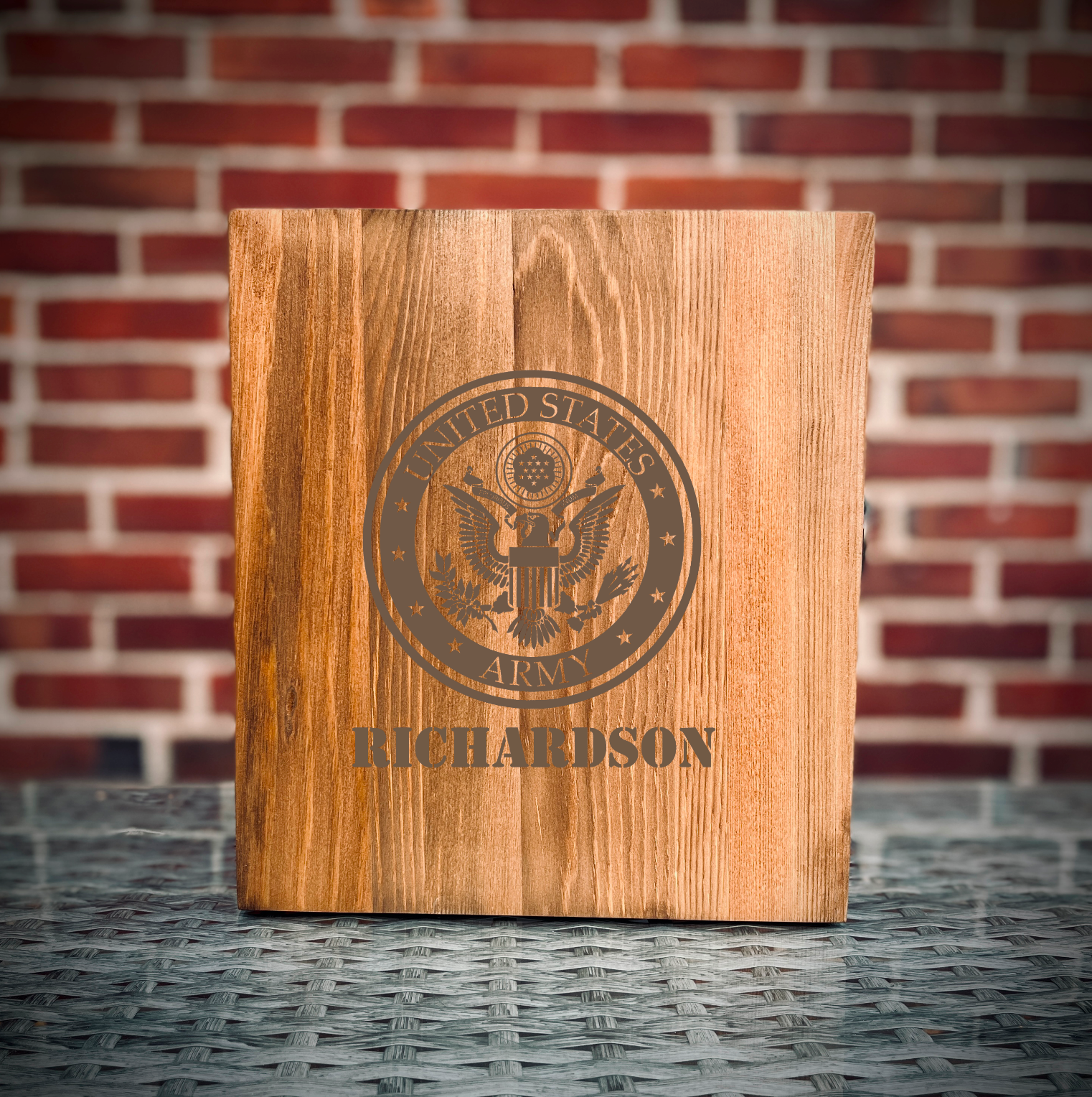 Custom engraved military whiskey decanter set with glasses and pine wood gift box