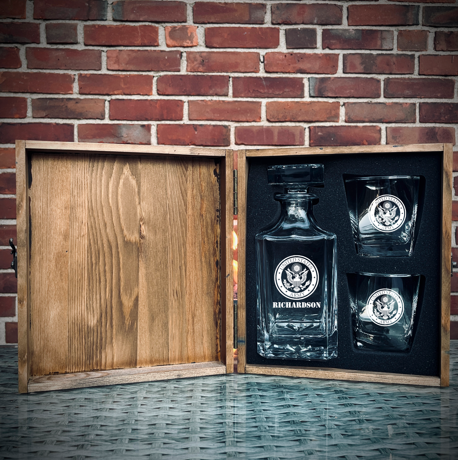 Custom engraved military whiskey decanter set with glasses and pine wood gift box