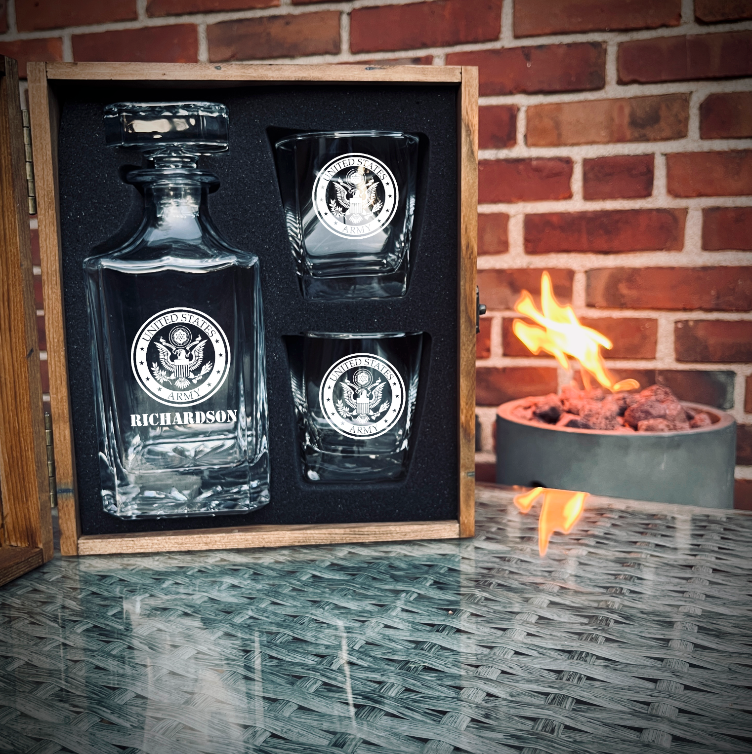 Custom engraved military whiskey decanter set with glasses and pine wood gift box