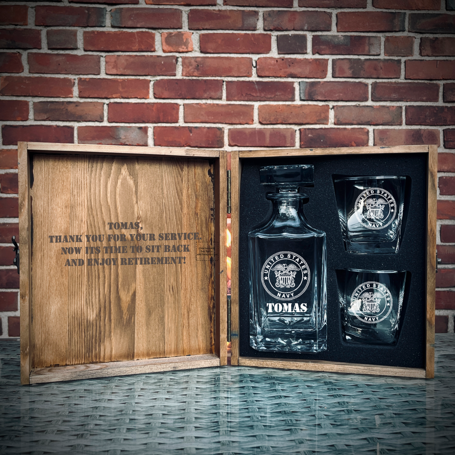 Custom engraved military whiskey decanter set with glasses and pine wood gift box