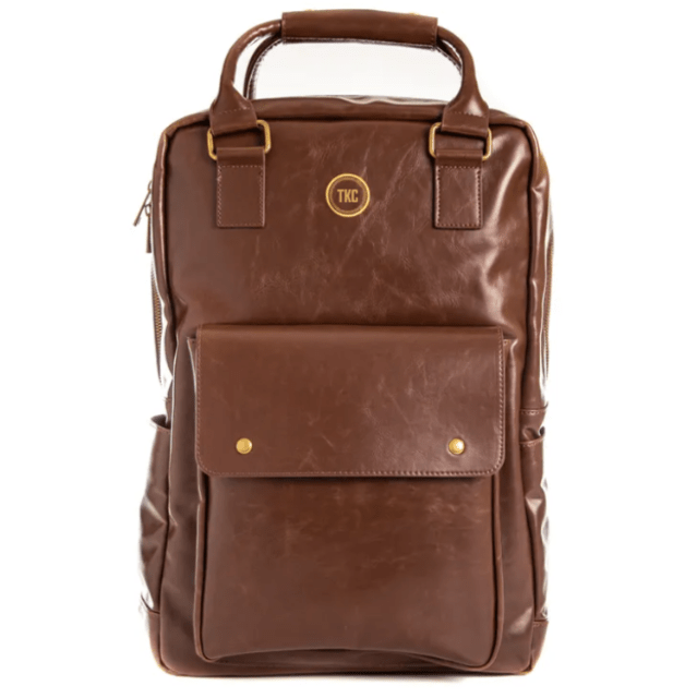 Brown vegan leather laptop backpack with custom name engraving and front flap pocket
