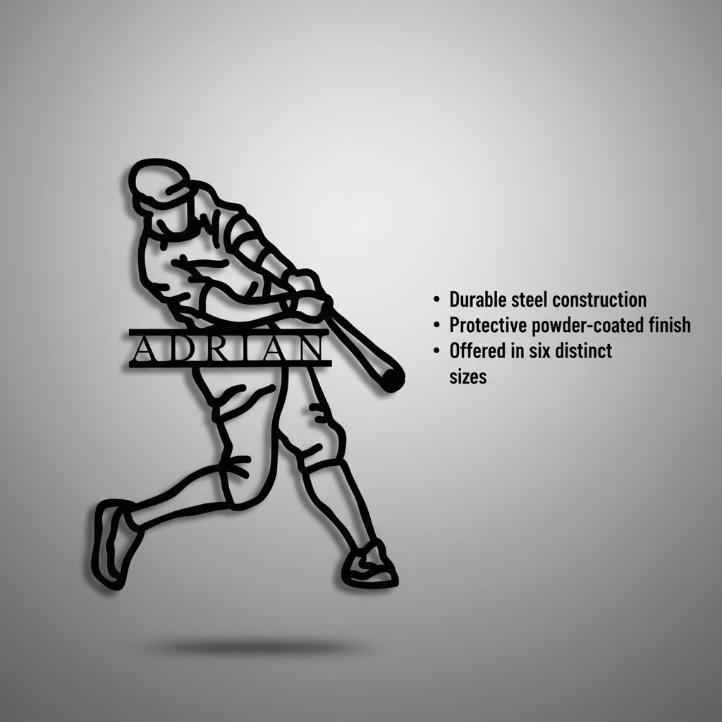 Black steel baseball player silhouette wall sign personalized with sample name "Adrian" across the chest, featuring powder-coated finish
