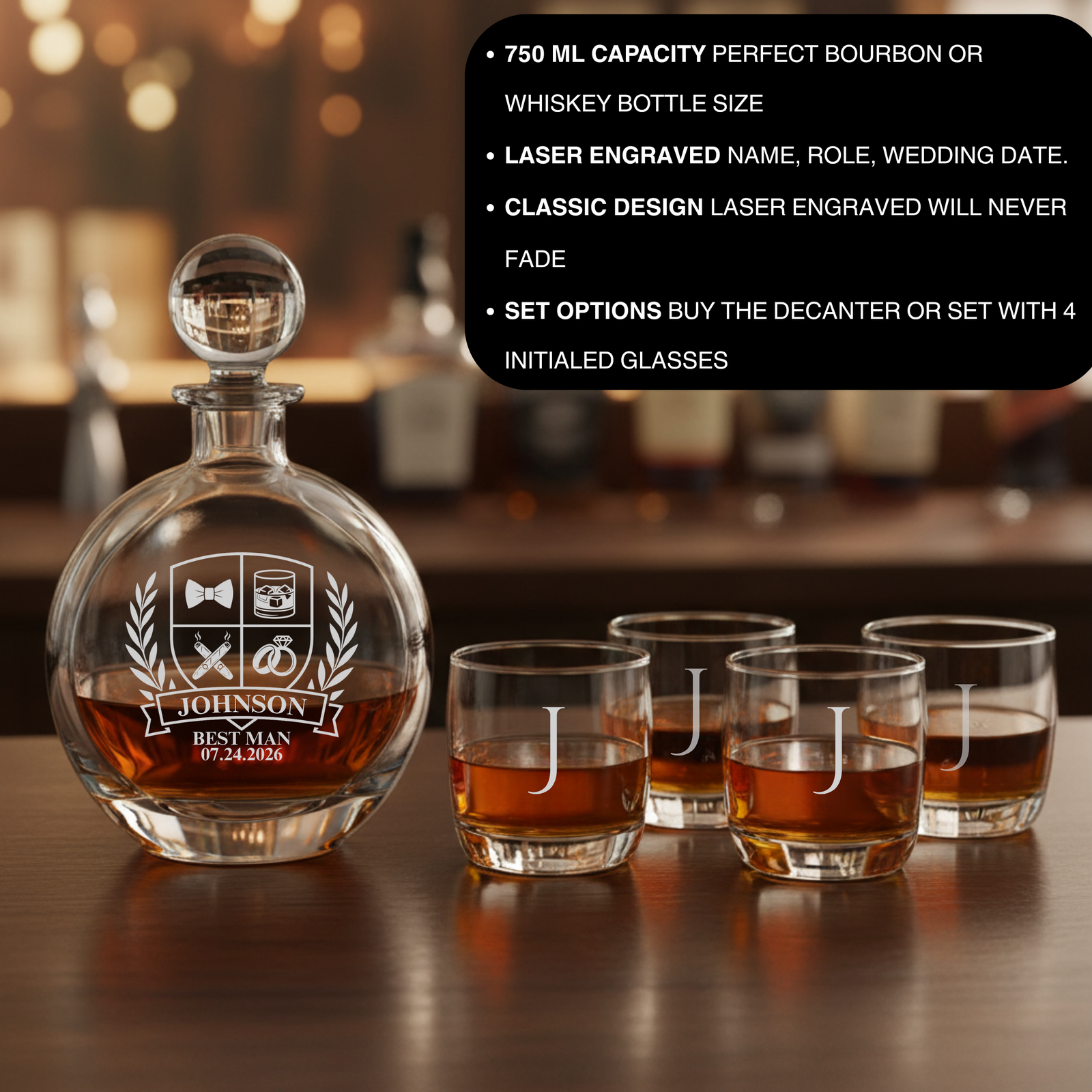 Crystal decanter with laser-engraved Best Man crest and sample personalization "JOHNSON 07.24.2026", paired with four matching whiskey glasses engraved with sample initial "J