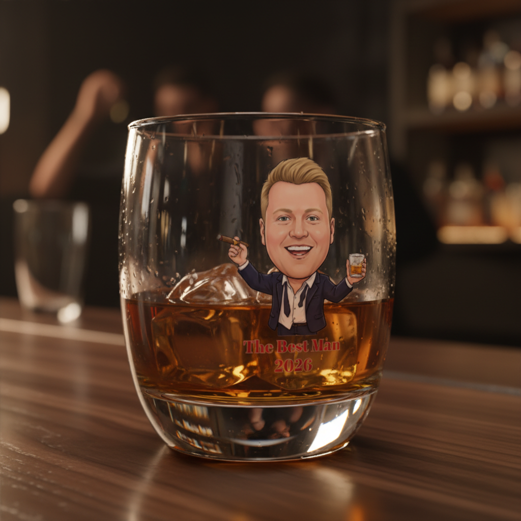 Whiskey glass filled with amber liquid, featuring custom illustration of man in dark suit holding cigar and glass, with "The Best Man 2026" text printed below
