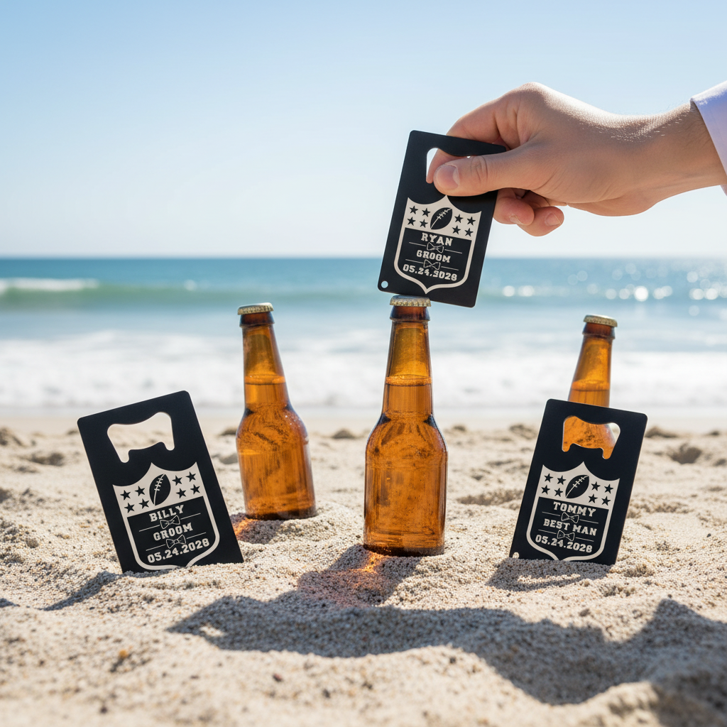 Black stainless steel bottle openers with football shield design engraved with sample names "Ryan Groom," "Billy Groom," and "Tommy Best Man" with wedding date, displayed in sand next to beer bottles on beach.