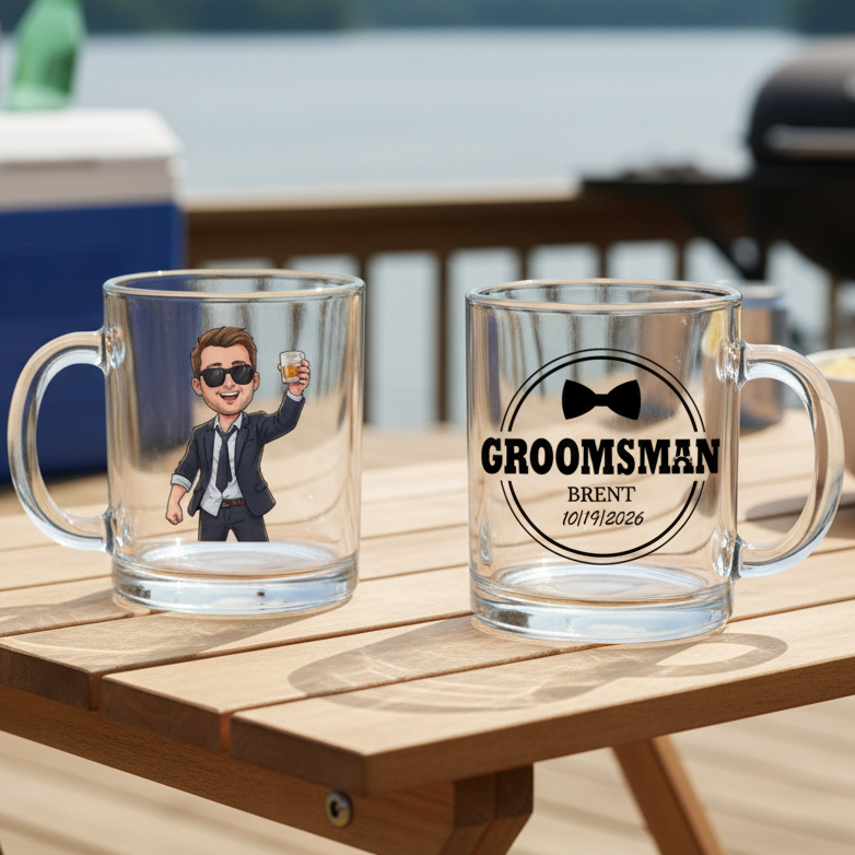 Two clear glass mugs displayed side-by-side on wooden surface; left mug features cartoon character in suit holding drink, right mug shows "GROOMSMAN BRENT 10/19/2026" text with bow tie design.