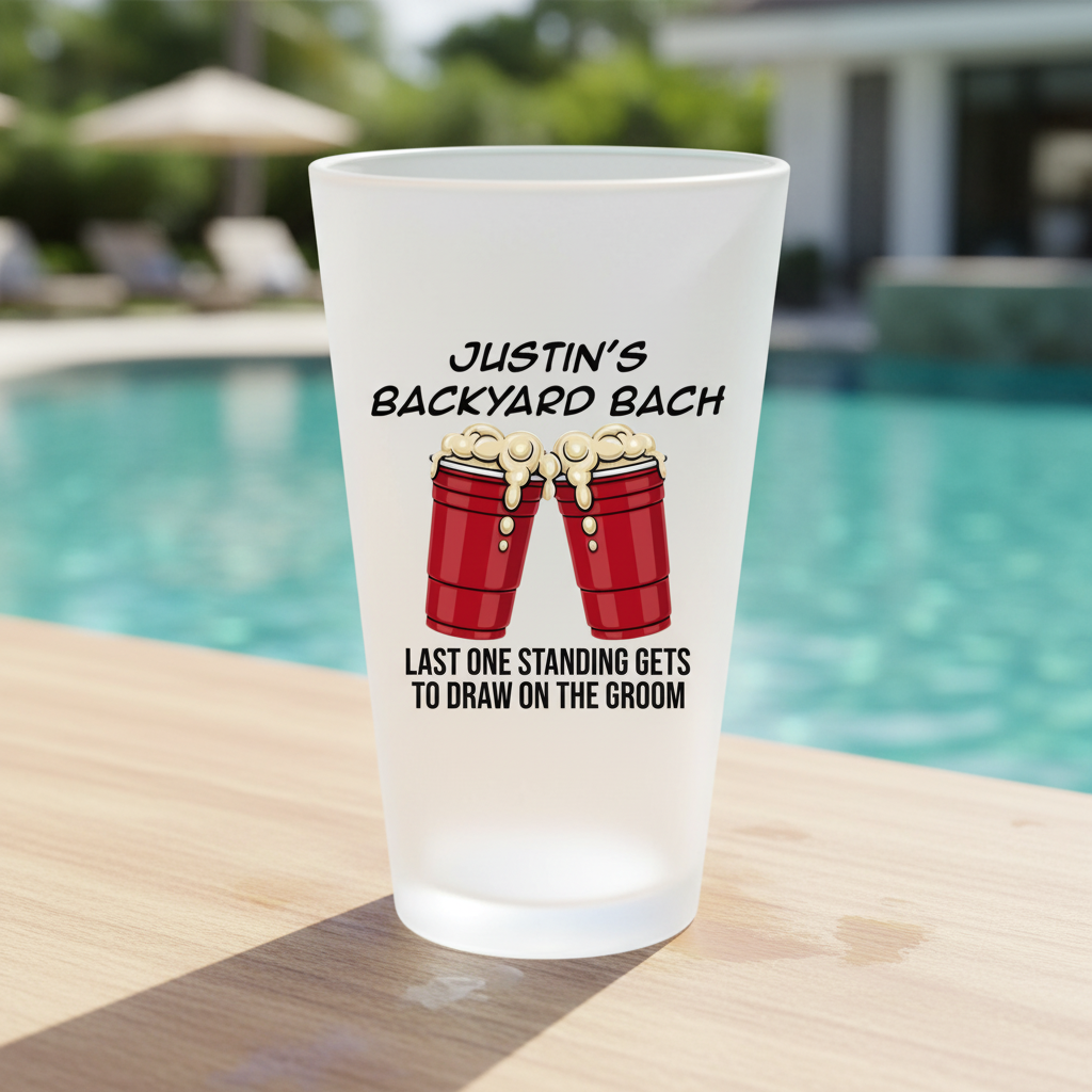 Frosted pint glass displayed poolside with sample personalization reading "Justin's Backyard Bach" above two red beer mugs and "Last One Standing Gets To Draw On The Groom
