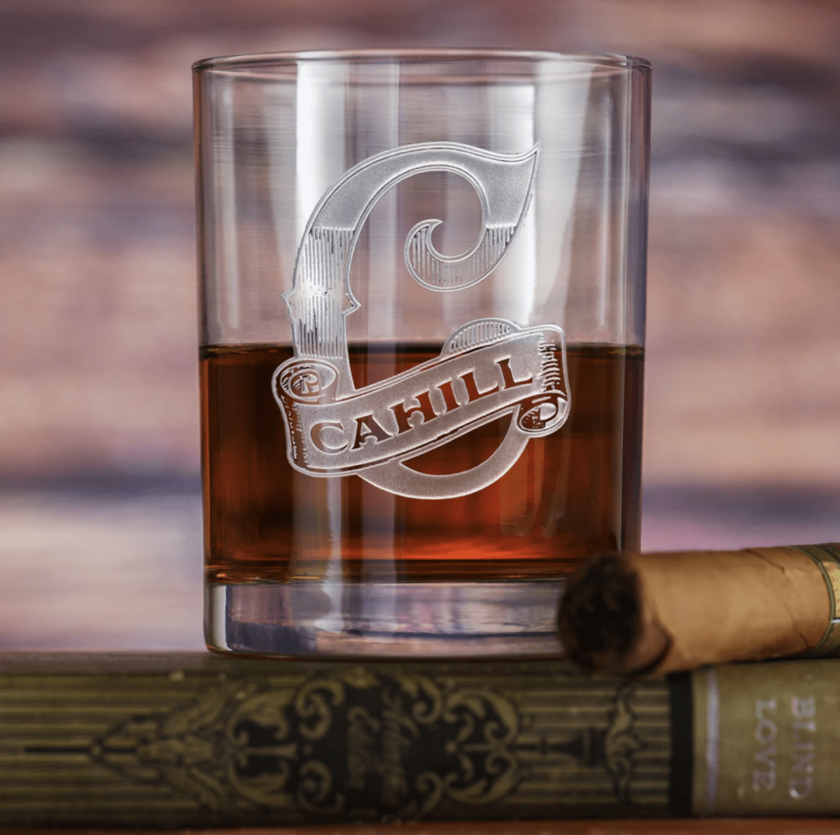 Banner Bourbon personalized whiskey glass with sand-carved banner design