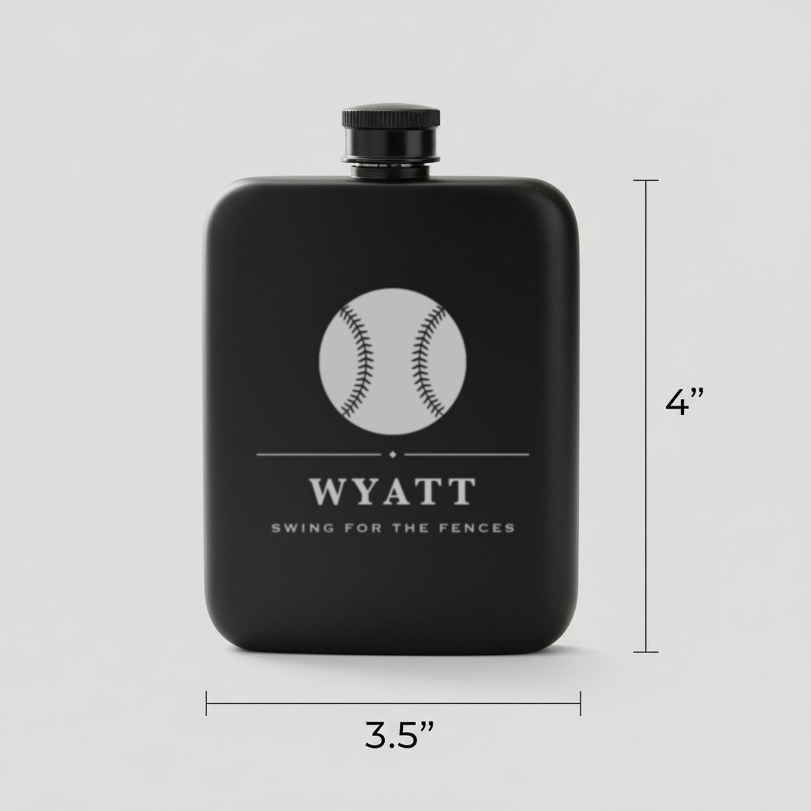 Size guide for the baseball groomsmen flask reading Swing For The Fences, 3.5 inches wide by 4 inches tall, holding 6 ounces.