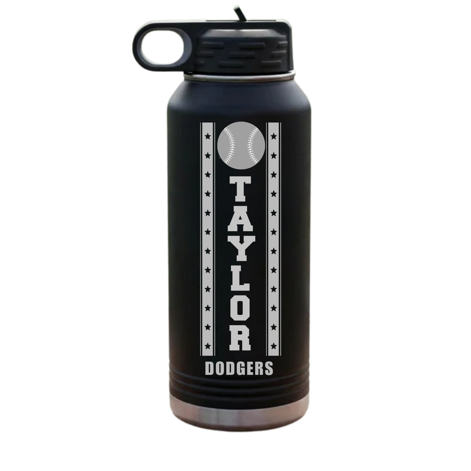 Black 32oz personalized baseball water bottle engraved with the name TAYLOR and a team name below, a gift for the wedding party