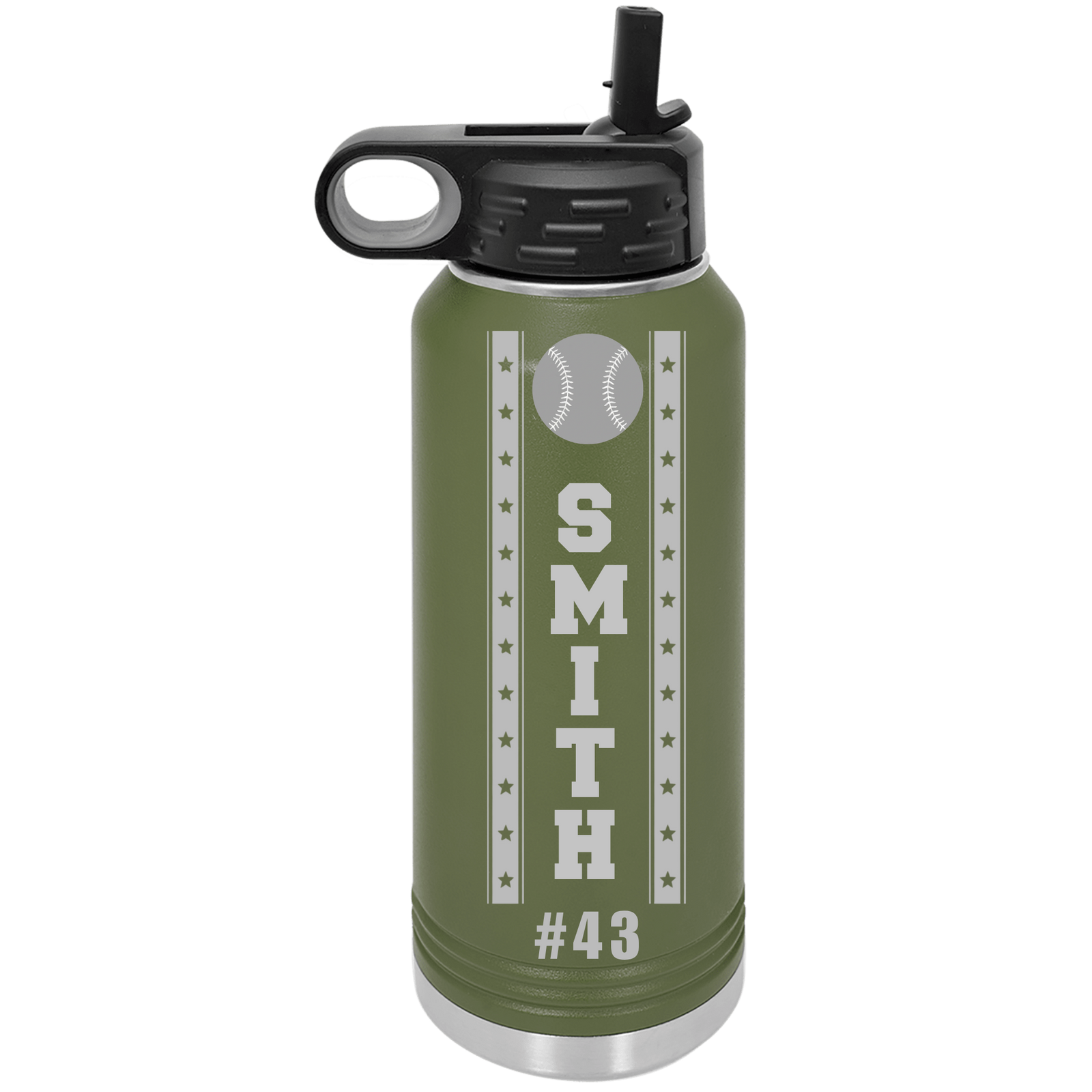 Olive green personalized baseball water bottle engraved with the name SMITH and jersey number 43 for a young wedding party member