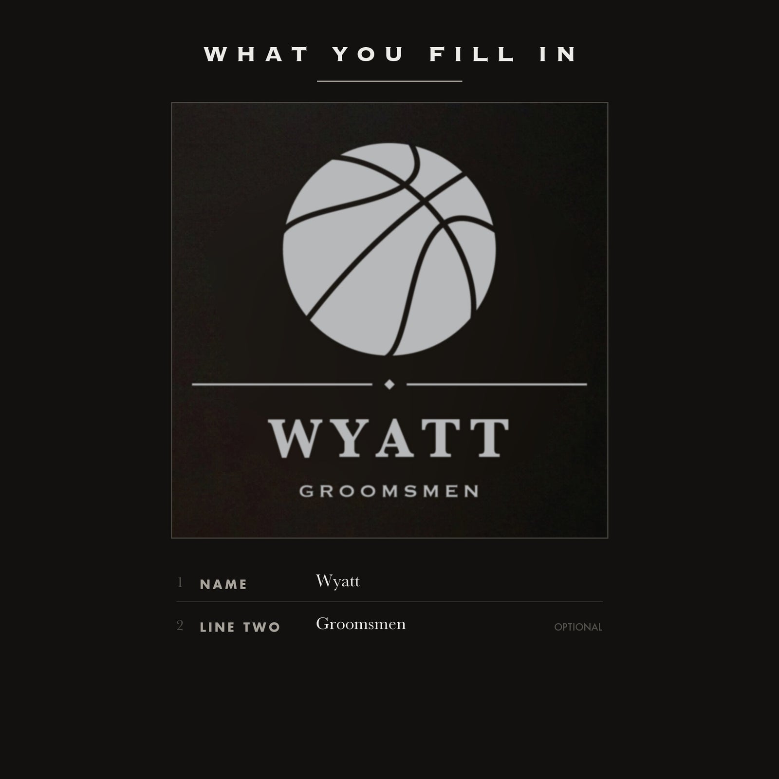 The two personalization fields on the basketball groomsmen flask, his name plus one optional line such as Groomsmen.