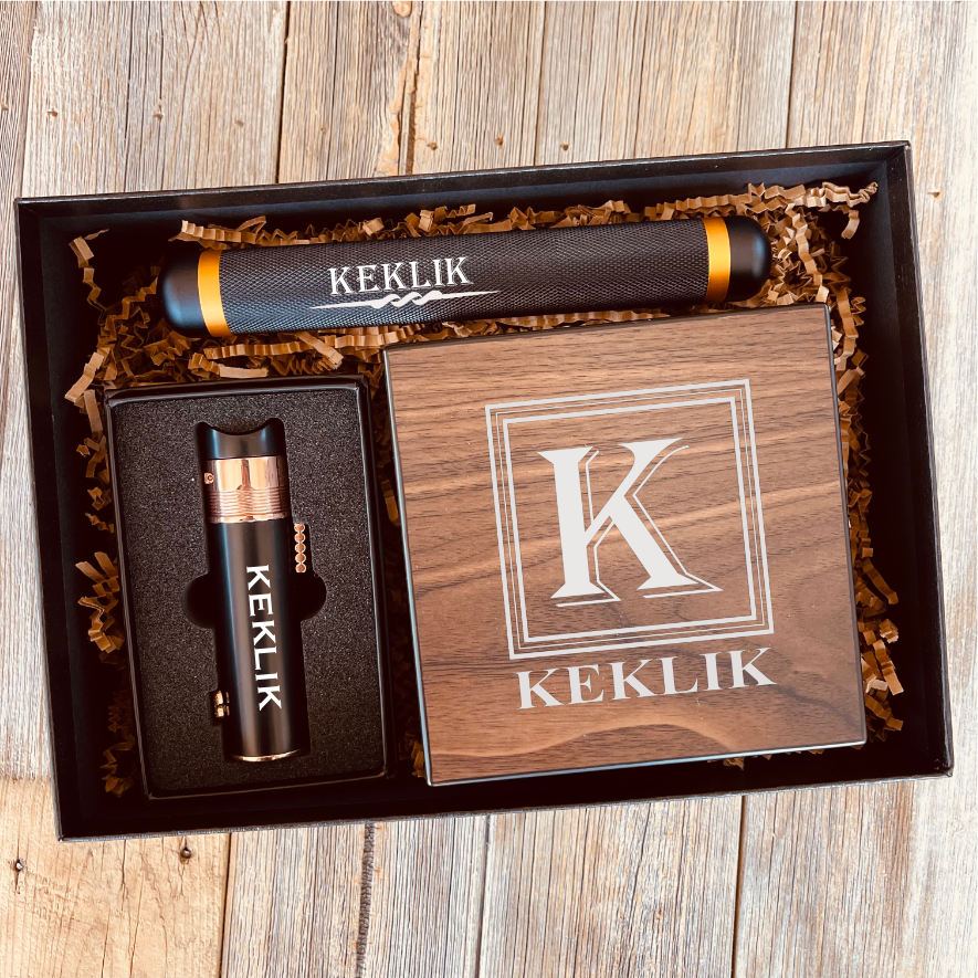 Personalized Cigar Gift Box Set with Custom Engraved Ashtray, Cigar Holder, and Lighter