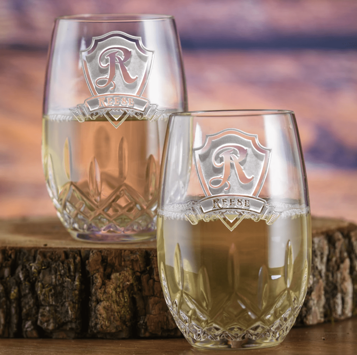 Waterford Lismore personalized couples crystal wine glass set with sand-carved shield and both names