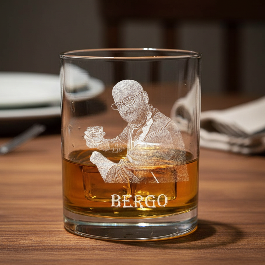 Whiskey glass filled with amber liquid, laser-engraved with sample image of man wearing glasses holding a drink and personalized text "BERGO" below