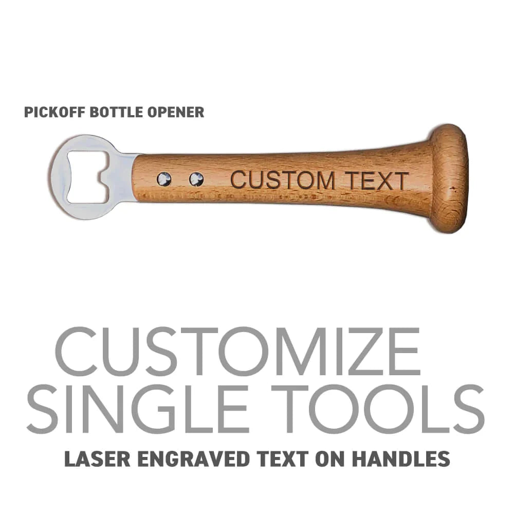Wood baseball bat bottle opener with metal opener head, laser-engraved with sample text "CUSTOM TEXT" on handle