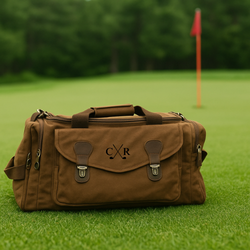 Brown canvas duffle bag with leather handles and trim, displaying sample monogram "CXR" on front flap, positioned on grass with golf flag in background