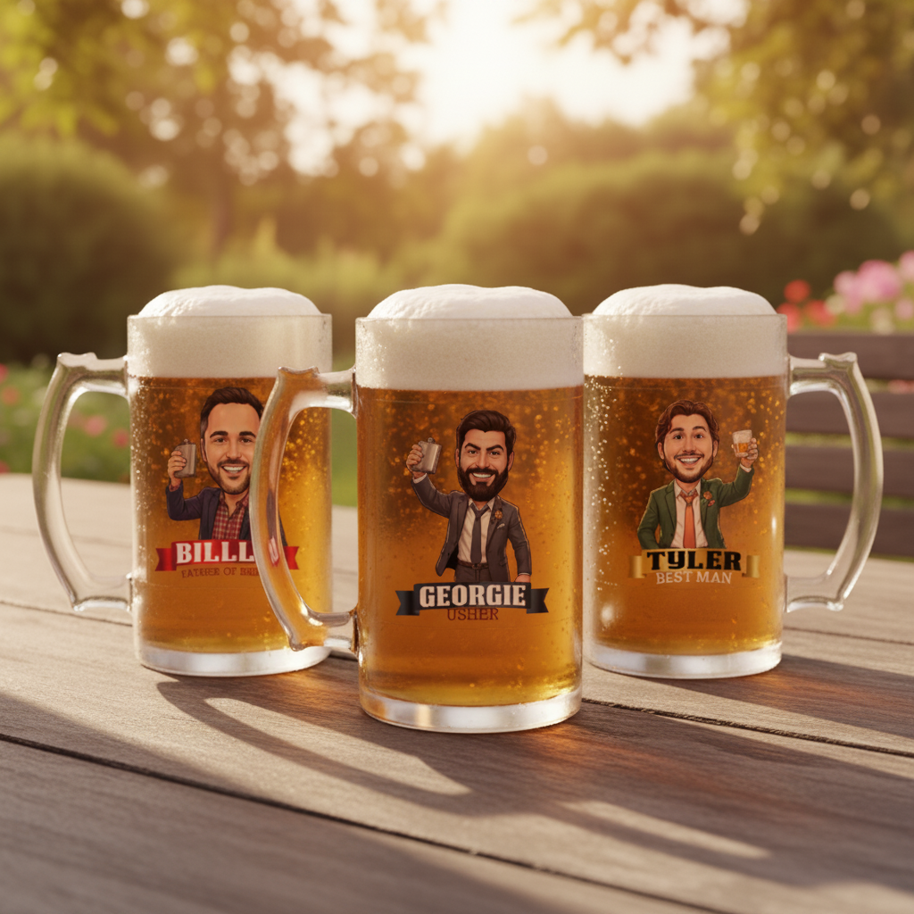 Three frosted glass beer mugs filled with beer, each personalized with sample caricature illustrations and names: "Billy" with groomsman role, "Georgie" as usher, and "Tyler" as best man, displayed outdoors on wooden surface.