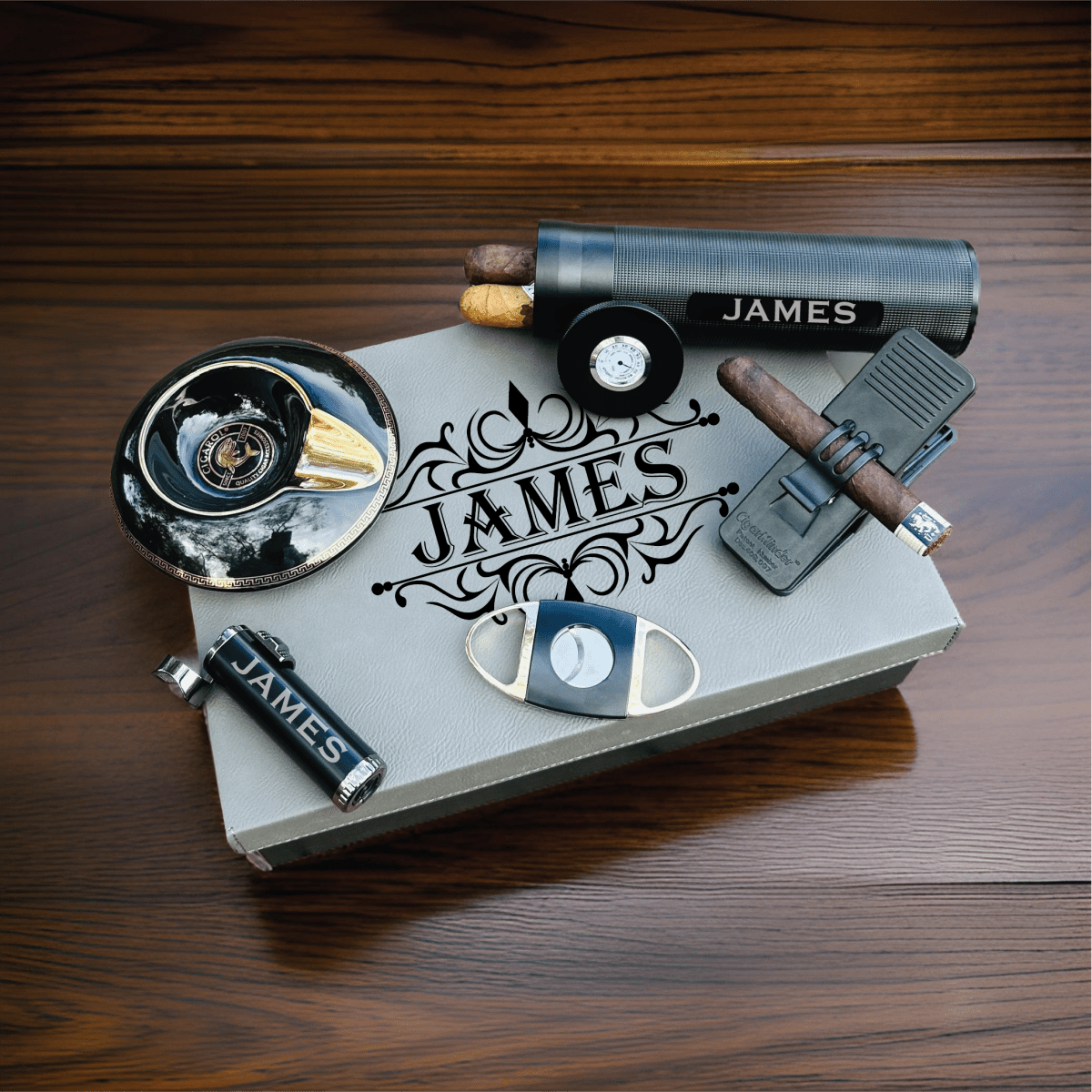 custom cigar gift set with engraved accessories and personalized humidor