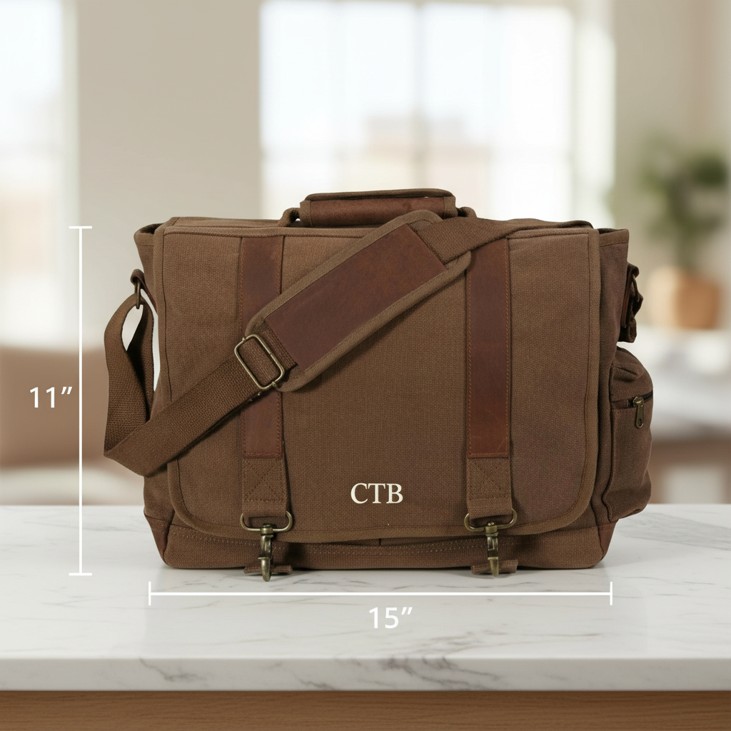 Brown canvas messenger bag with leather accents, personalized with sample initials "CTB," measuring 15 inches wide by 11 inches tall, shown with adjustable shoulder strap