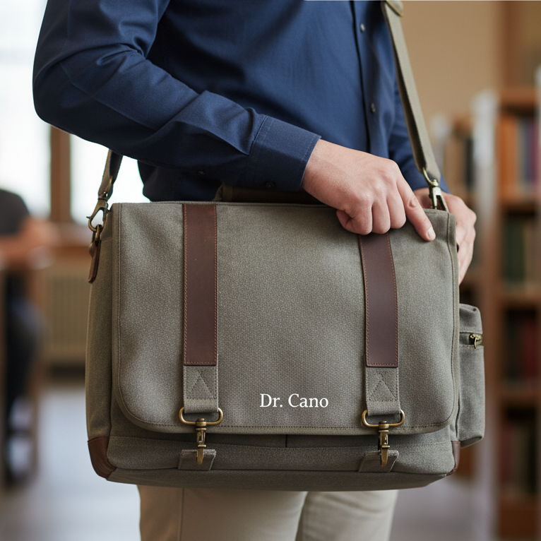 Sage canvas messenger bag with brown leather straps, worn across body, personalized with sample name "Dr. Cano" in white lettering on flap